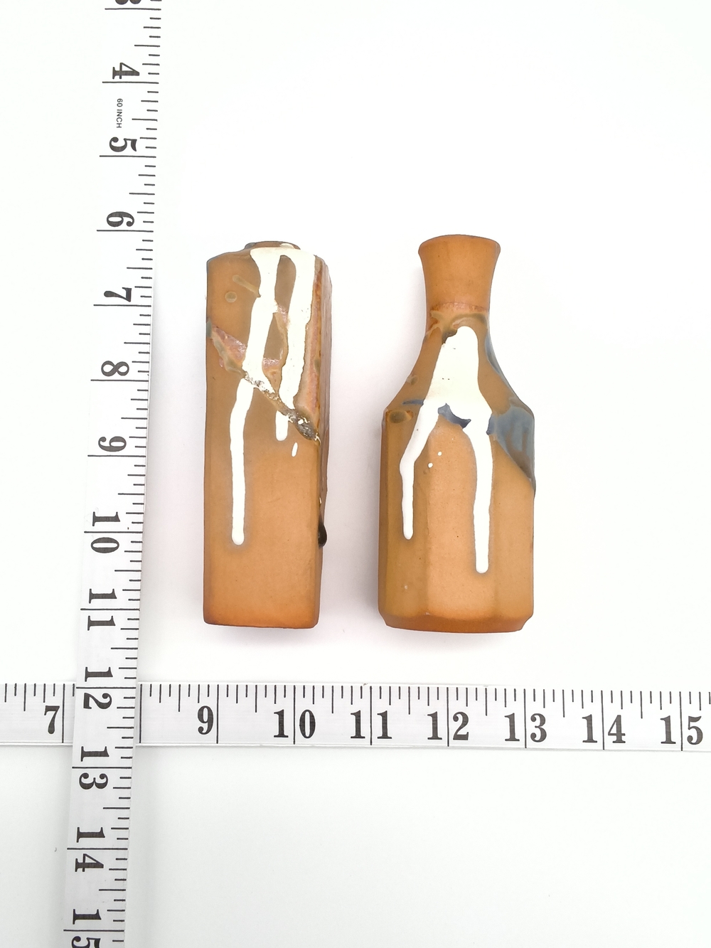 Vintage Artisan Studio Pottery Stoneware Vase Pair - Minimalist White Drip - Picture 2 of 10